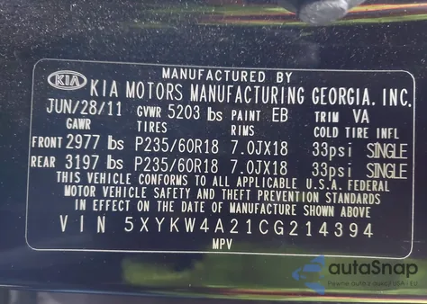 2012 Kia Sorento Sx V6 z USA, uszkodzony, nr VIN 5XYKW4A21CG214394